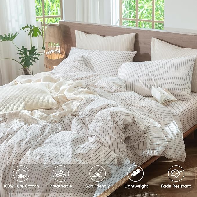 MooMee Striped Duvet Cover Set 100% Washed Cotton Linen Like Textured Breathable Durable Soft Comfy (White Orange Wide Stripes, Cal King 104"x98")