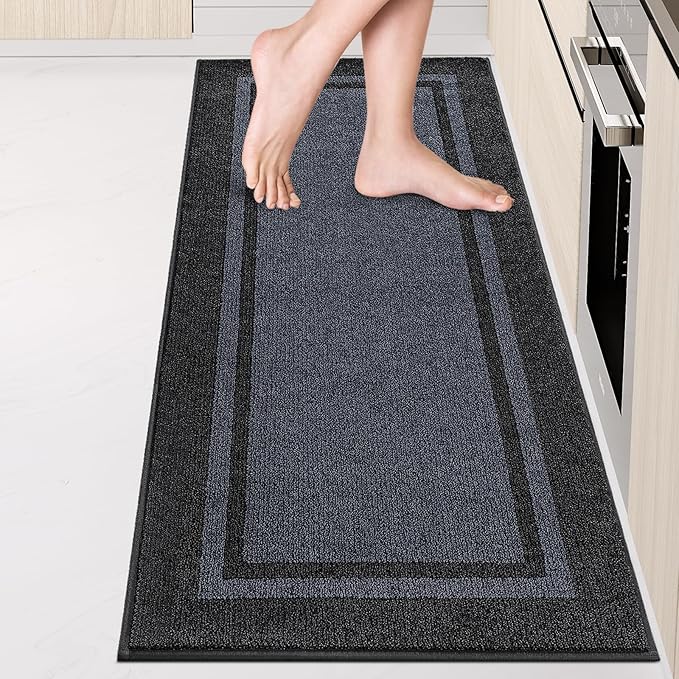 Kitchen Rugs 24" x 70", Non-Slip Machine Washable Kitchen Runner Rugs Floor Mats, Absorbent Comfort Standing Mats for Kitchen, Sink, Laundry and Hallway, Rolled Packaging, Bluish Grey & Charcoal