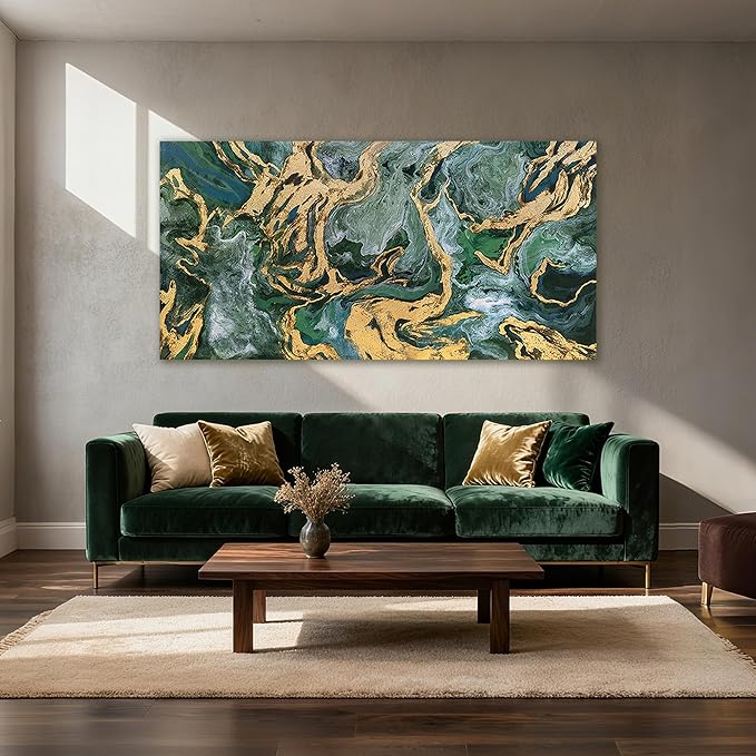 YETHEN WAL Emerald Green Canvas Wall Art, Gold Foil Marble Fluid Texture Art Prints, Large Modern Artwork for Living Room Bedroom Office 29x58 Inch