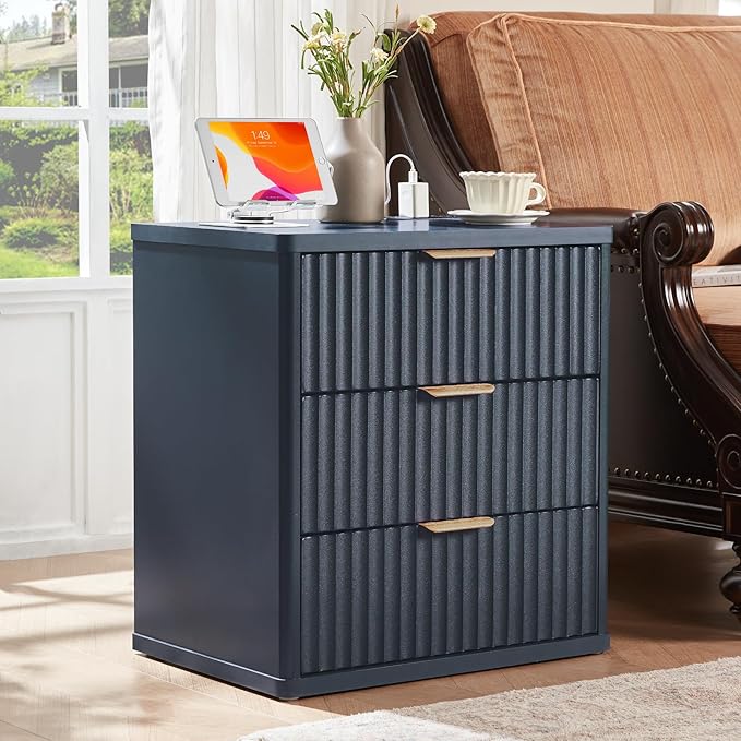 LEYAOYAO Fluted Dresser and Nightstand Sets, Wood 48" Wide Dresser & 23" Night Stand with Charging Station, 2 Piece Bedroom Furniture Set, Chest of Drawers for Bedroom, Home, Living Room,Nave Blue