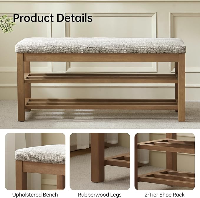 VKNOW Entryway Bench, 44.3” Upholstered Shoe Bench for Bedroom, 2-Tier Storage End of Bed Bench with Rubberwood Legs for Living Room, Hallway, Brown