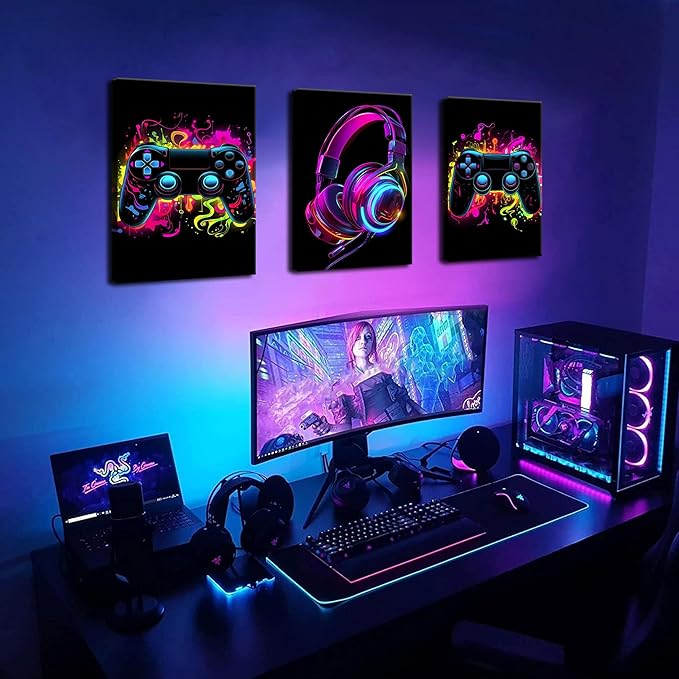 BGFCE Game Room Decor Set of 3, Neon Gaming Video Game Room Wall Art, Gaming Canvas Paintings Posters Prints for Teen Boys Room Children Teen Wall Decor Framed 16x24 in