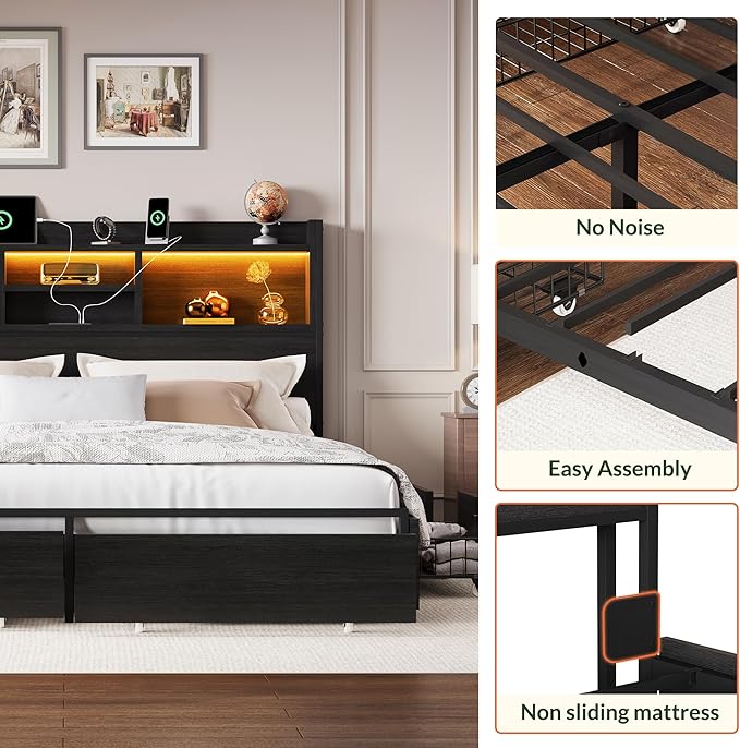 LARMACE Queen Size Bed Frame with 6 Storage Drawers and Headboard Wooden Platform Bed Frame with LED Lights and Charging Station Easy Assembly/No Box Spring Needed/Black