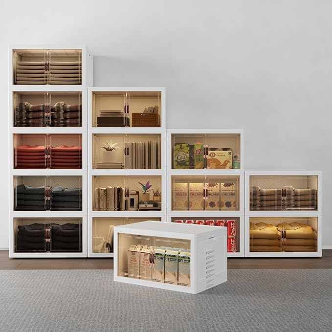 JOYMOOP Folding Storage Bins Organizer, 336 Quart Collapsible Storage Boxes with Wheels and Door, Stackble Plastic Storage Container for Clothing, Books and Sundries (XXL, 21 Gal Per, 4 Tiers)