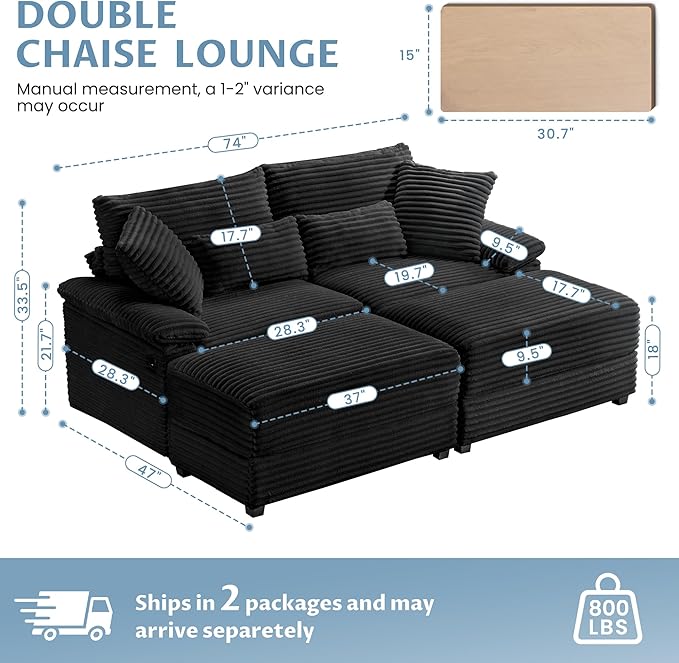 74" Double Chaise Lounge Chair Indoor, Oversized Loveseat with Removeable Ottoman, Corduroy Couch with USB Charging, Storage Ottoman, and Coffee Table Cushions for Living Room (2 Chaise Black)