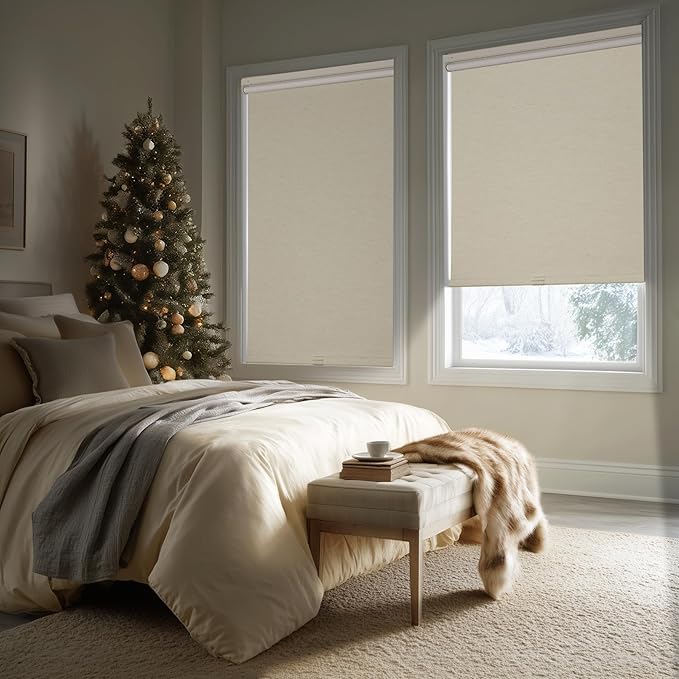 HESTIA No Drill Cordless Blackout Roller Shades Screwless Waterproof Shower Window Blinds, Auto-Retraction Easy Install Blind for Bedroom/Living Room/Kitchen, Cream Linen, 21" W x 54" H