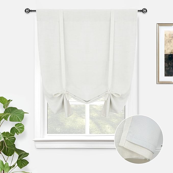 DriftAway Double Layer Linen Blackout Tie Up Curtains Thermal Insulated Fully Lined Balloon Roman Shade Bathroom Window Adjustable Rod Pocket for Small Window 31 Inch by 47 Inch Ivory Cream
