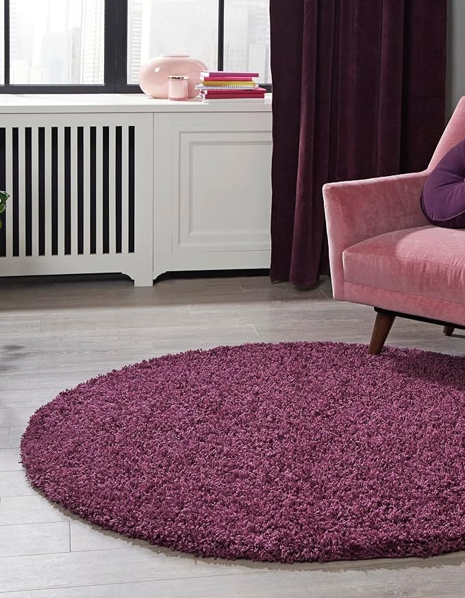 Unique Loom Solid Shag Collection Area Rug (5' 3" Round, Eggplant Purple)
