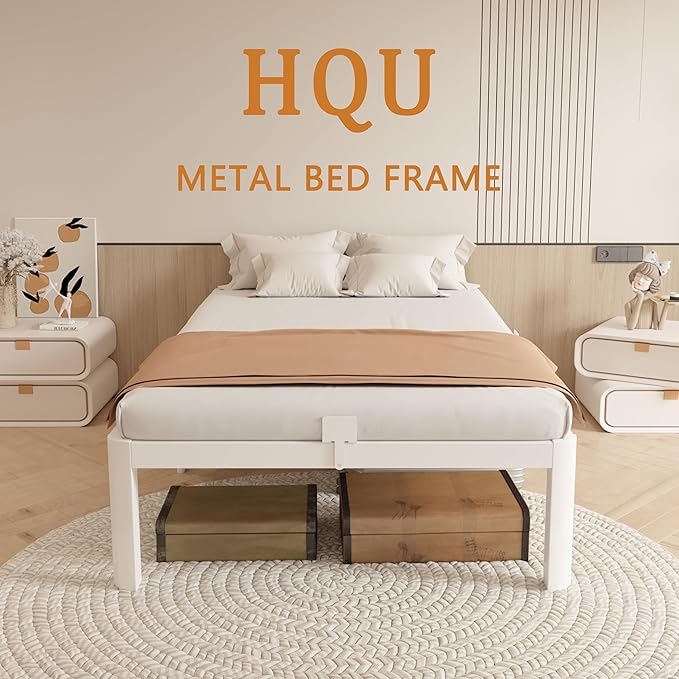 12 Inch Twin Bed Frame, Platform Bed Frames with Metal Gaskets, Anti-Slip Mattress Stopper, No Box Spring Needed, Heavy Duty Steel Slat Support, Round Corner Leg, Easy Assembly, White