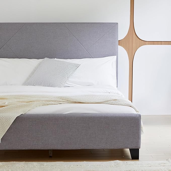 Livinia Stella Twin Size Platform Bed, Fabric Upholstered Twin Bed Frame with Height Adjustable Headboard Footboard, Strong Wood Slats, No Box Spring Needed, Gray (Twin)