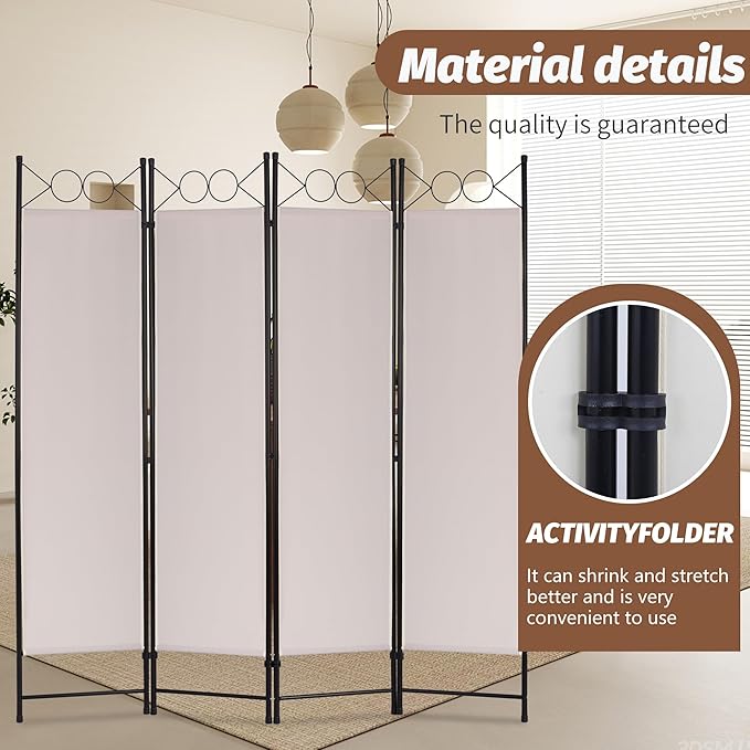 FDW 4 Panel Room Divider and Folding Portable Partition Screen, 6FT Wall Divider Screen for Dorm Bedroom Office, Sand