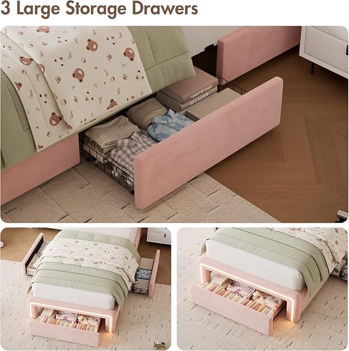 Twin LED Bed Frame with Storage Headboard & Charging Station, Velvet Fabric Platform Bed Frames with 3 Drawers, Button Tufted Upholstered, No Box Spring Needed, Pink