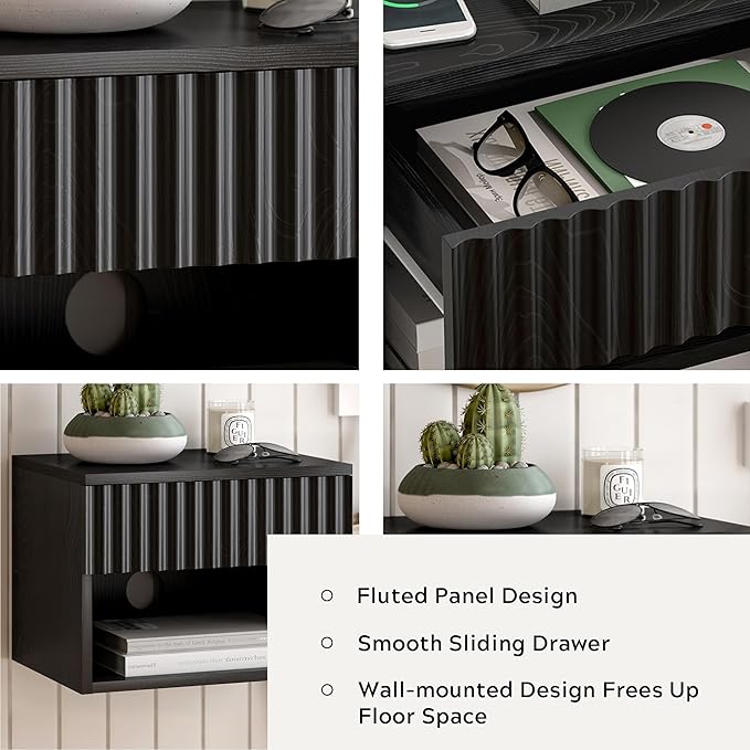 Floating Nightstands Set of 2 with Drawer and Open Shelf, Small Wall Mounted Bedside End Table, Modern Fluted Night Stand for Bedroom, Living Room, Black