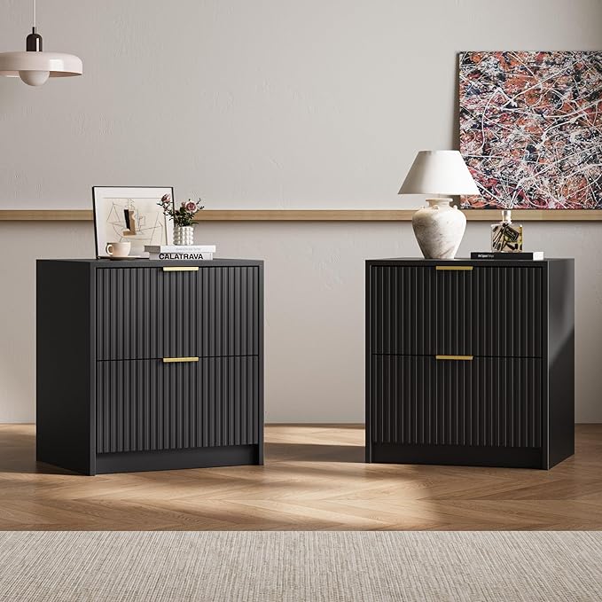 3-Piece Dresser Bedroom Set, 5 Drawer Dresser & 2 Drawer Nightstands with Gold Handles, Fluted Wood Chest of Drawers for Bedroom, Living Room, Entryway, Black