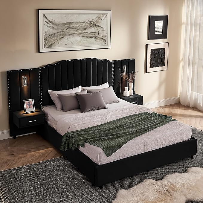 Luxury Queen Bed Frame with Headboard and Storage, Velvet Fabric Upholstered Platform Bed Frame Queen Size with LED Lights, Solid Frame & Bedside Table, No Box Spring Needed, Black