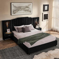 Luxury Queen Bed Frame with Headboard and Storage, Velvet Fabric Upholstered Platform Bed Frame Queen Size with LED Lights, Solid Frame & Bedside Table, No Box Spring Needed, Black