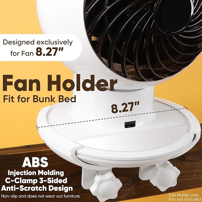 Yudylg Fan Holder Compatible with 8.27" Fan – Heavy Duty ABS Clip-On Holder for Bunk Bed, Desk & Headboard, Injection Molding Clamp with Anti-Slip Pad, Scratch Resistant & Space-Saving Design