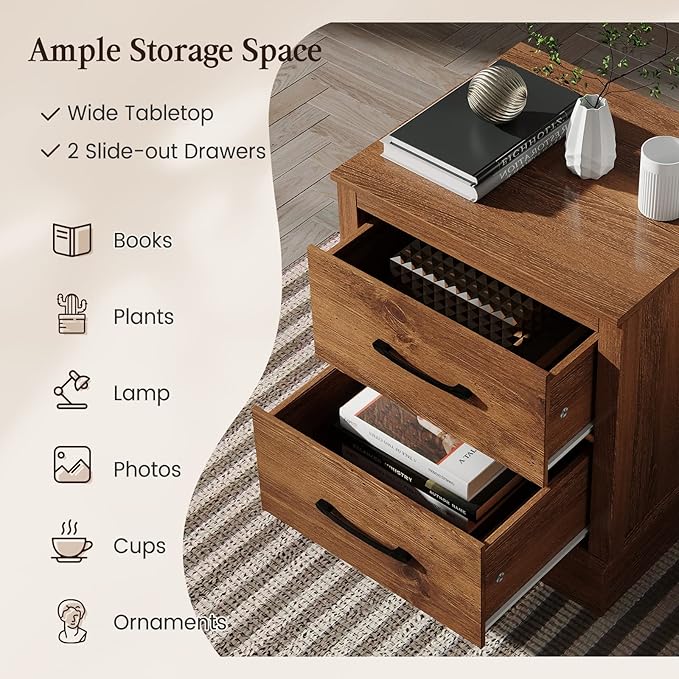 Giantex Farmhouse Nightstand Set of 2, Wood Bedside Table with 2 Storage Drawers, Compact Floor Night Stand, Walnut Accent Sofa Side Table for Bedroom