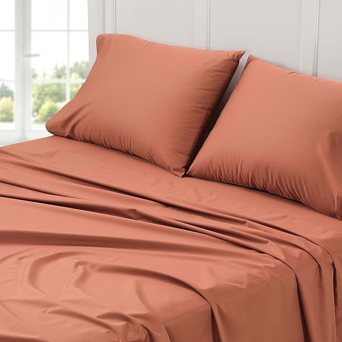 Cuddledown Dreamstead 100% Cotton Bed Sheets Set | 300 Thread Count | Luxurious Sateen Weave | Pure Combed Cotton | Soft | Wrinkle Resistant | 3 Piece Set | Red Sand | Twin | 39” x 75”