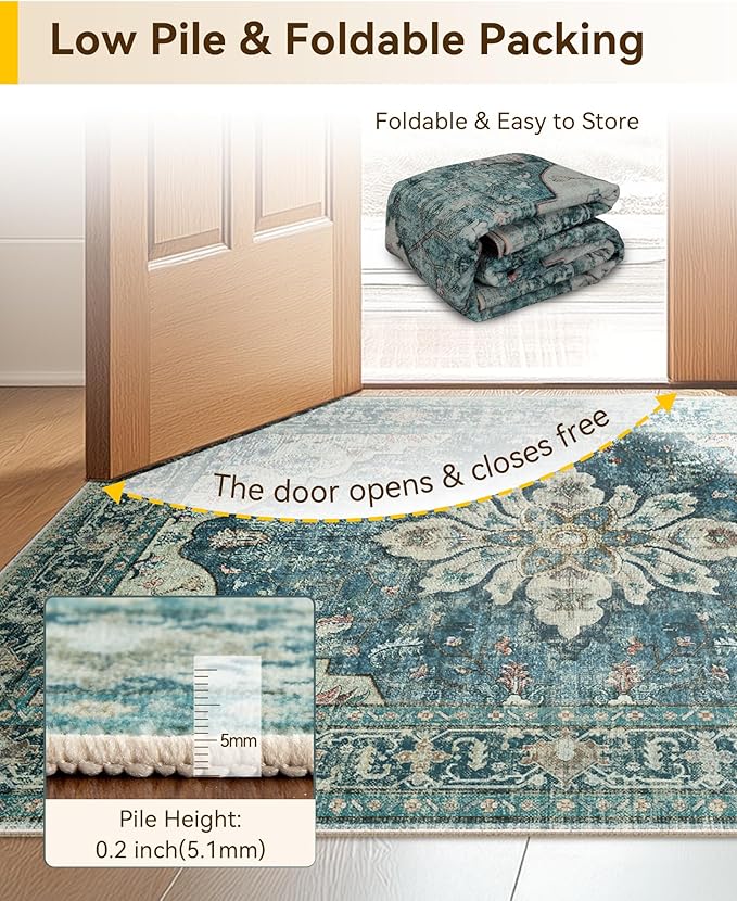 Area Rugs 2'x10' Washable Non-Slip, Floral Vintage Distress Print Pattern Medallion Carpet for Living Room Bedroom Dining Room, Dark Blue Vintage