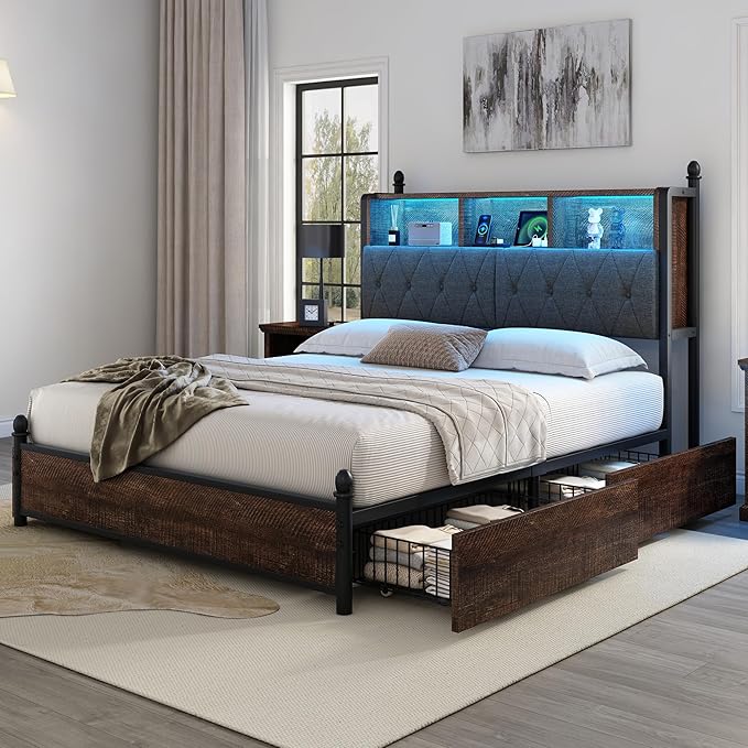 AMERLIFE Queen Size Bed Frame with Bookcase Headboard, 4 Storage Drawers, Wooden Platform Bed with Charging Station & LED Light, No Box Spring Needed, Noise-Free, Rustic Brown