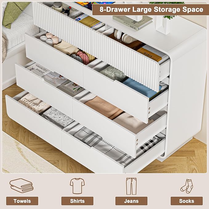 8 Drawer Dresser and 2 Nightstand Sets for Bedroom 3 Pcs Bedroom Set, Modern 39.4" Fluted Dresser with Invisible Handles Nightstand Charging Station, Bedroom Furniture Set for Living Room, White