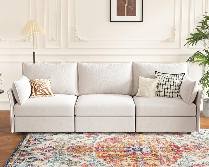 ABCASA 102.6" Modular Sectional Sofa, Oversized 3-Seater White Couch with Removable Chenille Fabric Cover, Deep Seat & High Backrest for Living Room, Office & Apartment