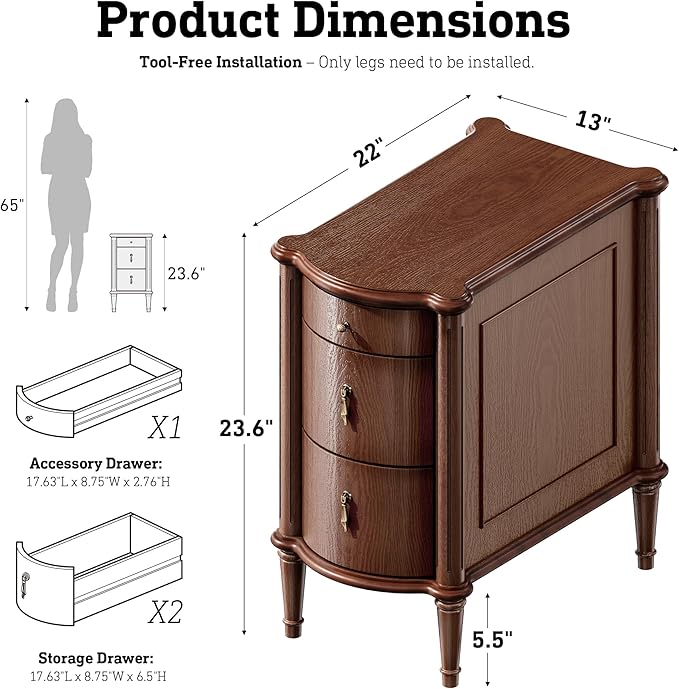 STO'SENSE Nightstand w/Charging Station & 3 Drawers, Pre-Assembled, Vintage Side Table w/Antique-Finished Pulls, Rustic Wood Finish, Narrow End Table w/Turned Legs for Bedroom (1, Brown)