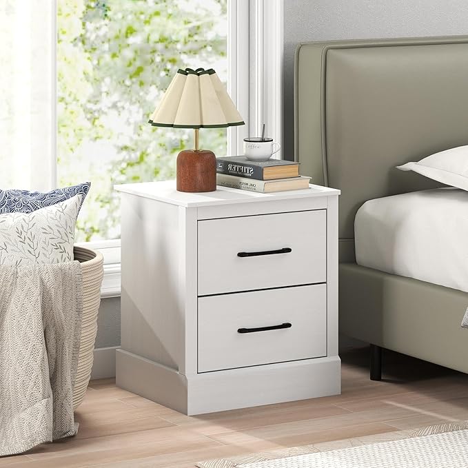 Giantex Modern Nightstand, Wood Bedside Table with 2 Storage Drawers, Compact Floor Night Stand End Table, White Accent Sofa Side Table for Bedroom