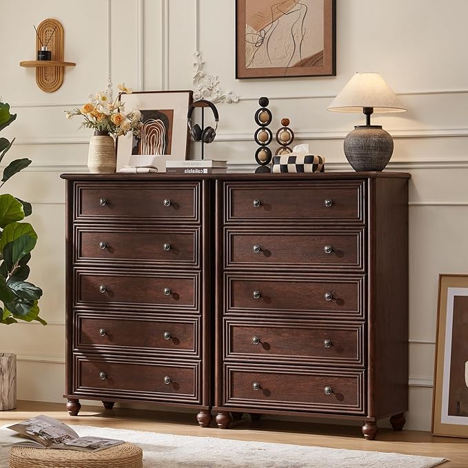 Farmhouse 5 Drawers Dresser for Bedroom, Wood 45" Tall Chest of Drawers, Dresser Rustic Storage Dressers Organizer with Metal Handle Closet for Living Room, Hallway Entryway(Walnut)