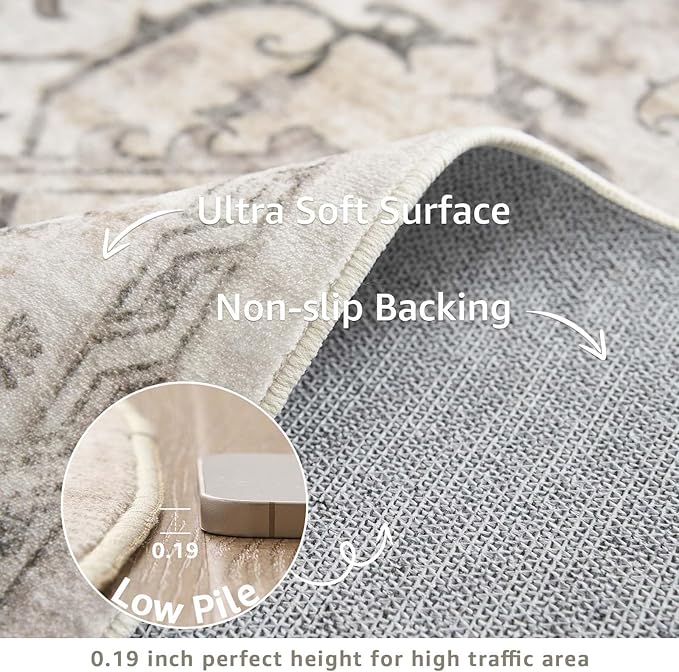 jinchan Round Rug 6ft Area Rug Vintage Floor Mat Kitchen Indoor Ultra-Thin Soft Floral Print Washable Circle 6' Accent for Farmhouse Non Slip Dining Room Living Room Bedroom Office Taupe