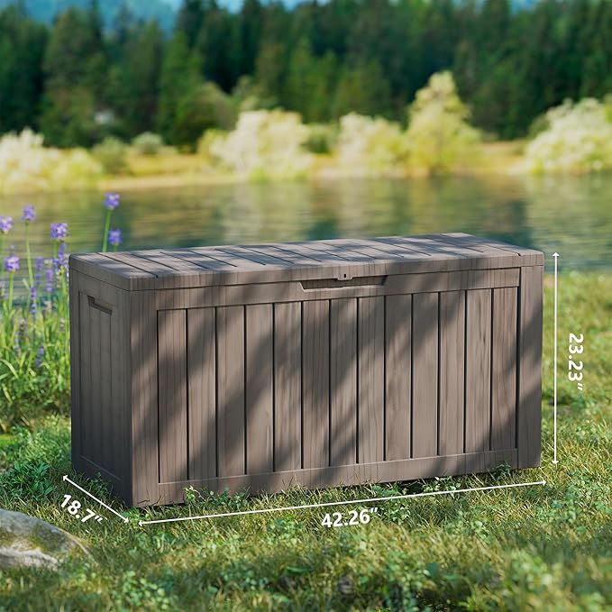 80 Gallon Outdoor Storage Box Waterproof, Resin Deck Boxes with Lockable Lid & UV-Resistant for Patio, Pool, Garden Furniture Cushions & Accessories, Coffee