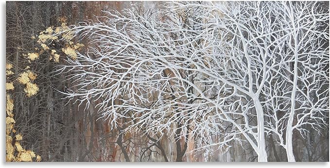 RICHSPACE ARTS Neutral Wall Art for Bedroom Landscape Tree Painting with Gold Foil Modern Rustic Wall Decor (20W*40L)