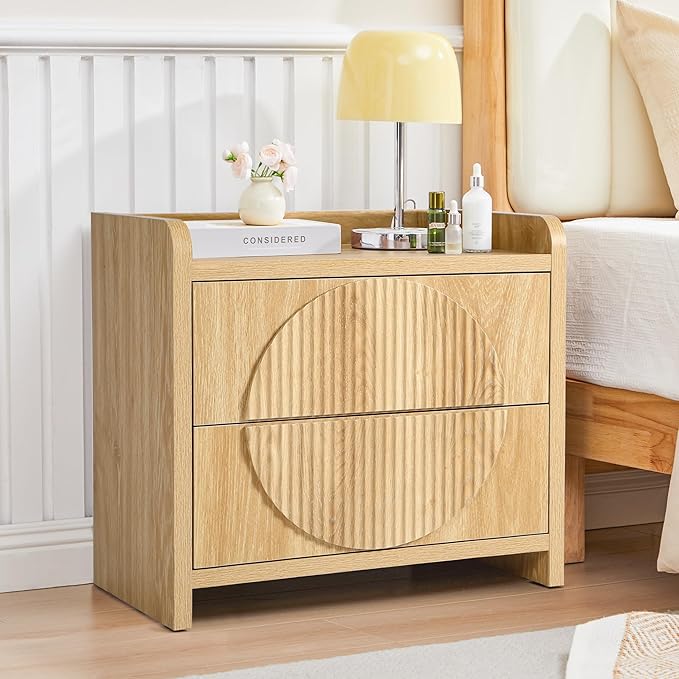 Turtle&Myrtle 24 Inch Wide Fluted Nightstands, Large Night Stand with 2 Drawers, Mid Century Modern Bedside Table End Table with Storage for Bedroom Living Room Office (Natural)