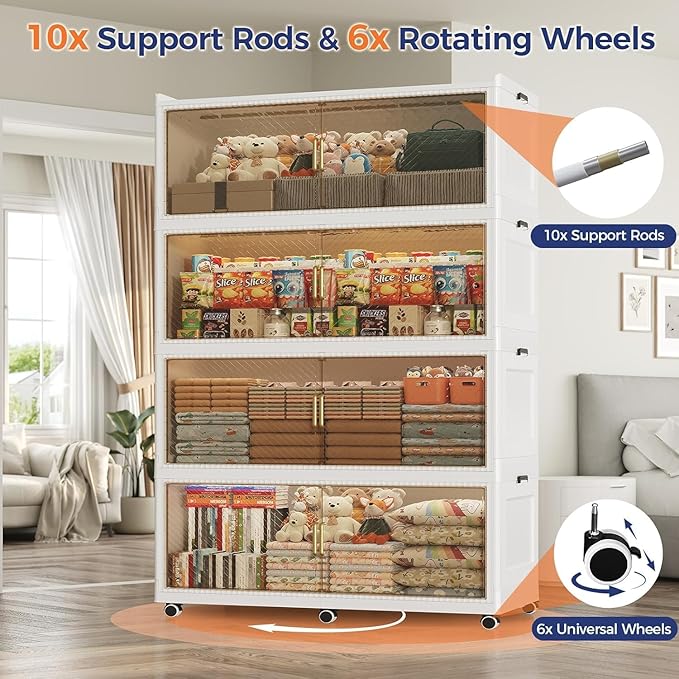 200GAL Extra Large Storage Bins with Lid, 800QT Collapsible Organizer with Wheels, Stackable Closet Cabinet with Doors, Folding Storage Containers for Home, Office, Kitchen, 4Pack White