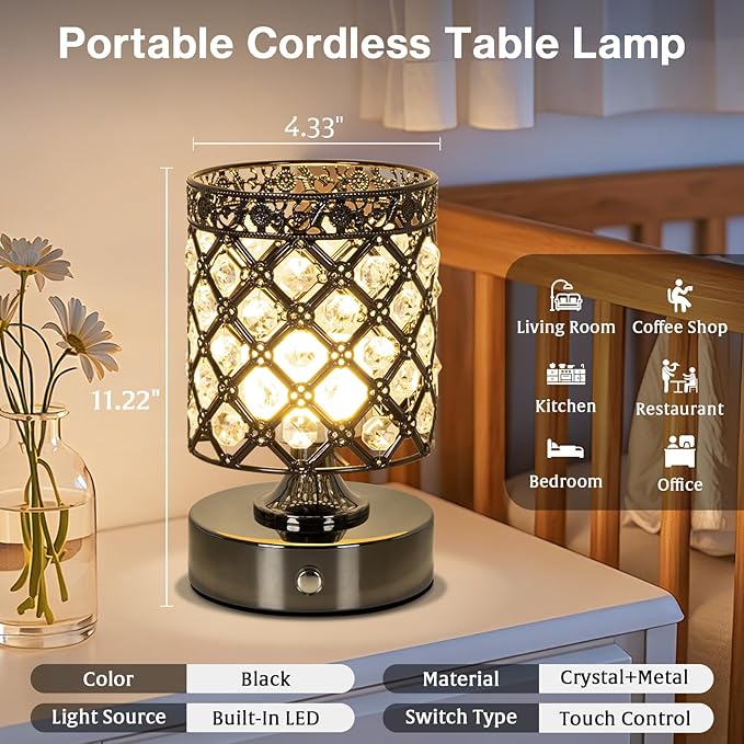 TOBUSA Black Rechargeable Cordless Table Lamp, Portable 6000mAh Crystal Battery Operated Lamp 3000K-4500K-6000K, Stepless Dimmable Bedside Touch Small Desk Lamp, Modern Industrial LED Night Light