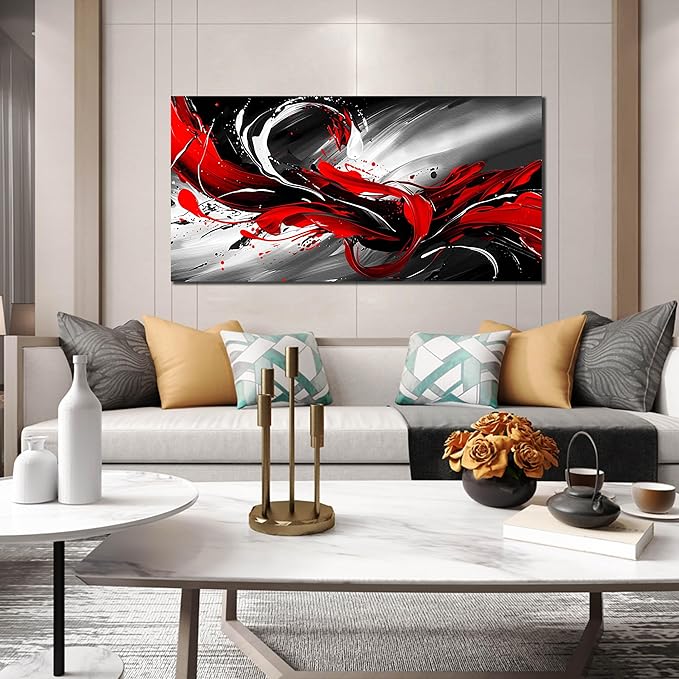 Black White and Red Abstract Print Picture Painting Large Canvas Wall Art for Living Room Bedroom Framed Canvas Wall Decor Modern Room Abstract Wall Decorations Artwork Size 24x48 Ready to Hang