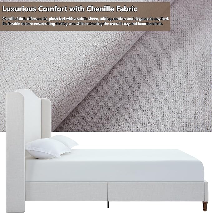 King Size Bed Frame with 54" Extra Tall Headboard - Luxury Chenille Upholstered Wingback Platform Bed, 1000lbs Heavy Duty, No Box Spring Needed(Ivory White Chenille Camelback, King)