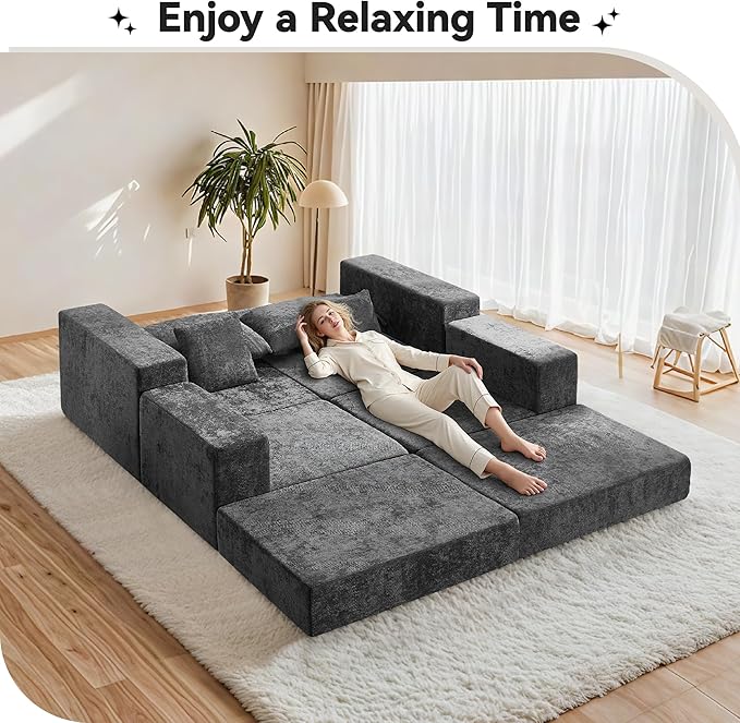 Boneless Sectional Loveseat Couch with Ottoman, Convertible Modular Floor Sleeper Sofa Bed, Comfy Foldable Compression Love Seat Sofa for Living Room, No Assembly, Dark Grey
