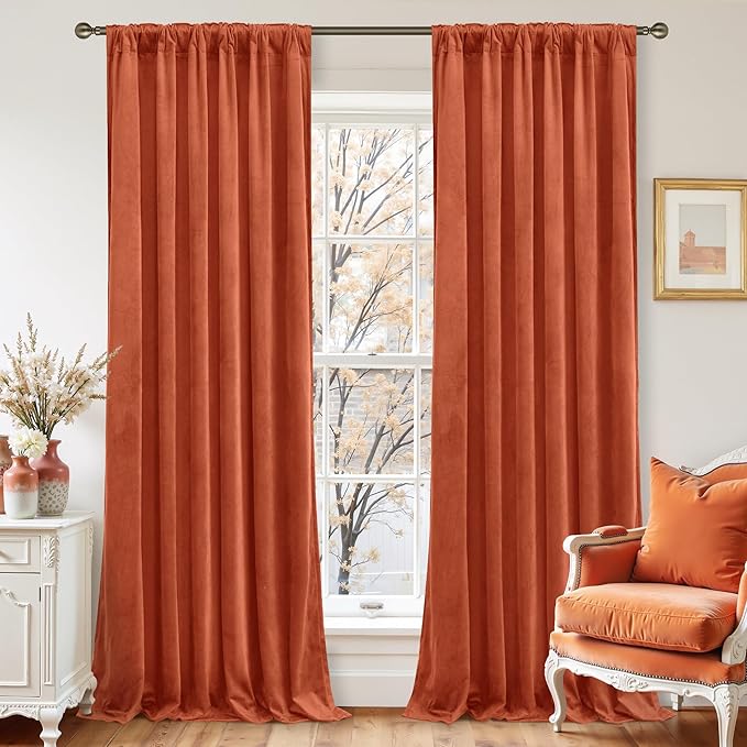 LAMIT Terracotta Velvet Curtains 108 Inch, Thermal Insulated Room Darkening Drapes for Living Room Bedroom Rustic Vintage Noise Reducing Panels with Back Tab and Rod Pocket, 2 Panels, 52 x 108 Inch