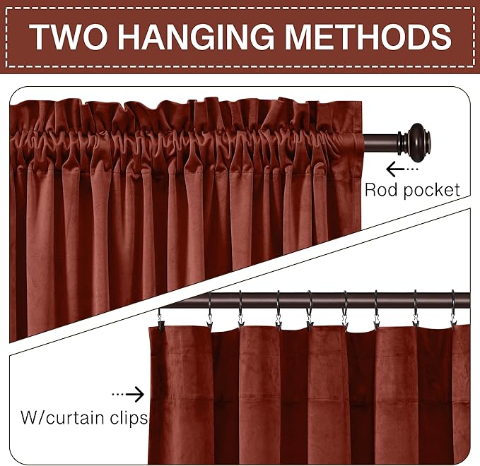 StangH Rust Curtains 90 inches - Luxury Velvet Holiday Home Decor Brick Red Light Blocking Backdrop Curtains Thick Window Covering for Bedroom, W52 x L90, 2 Panels