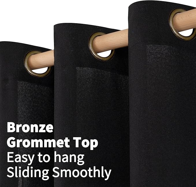 YoungsTex Short Linen Curtains 45 Inches Length, Light Filtering Burlap Textured Small Window Drapes with Bronze Grommet Privacy for Kitchen Bedroom Living Room, Black, 42 x 45 Inch, 2 Panels