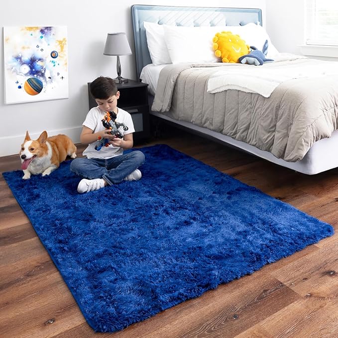 Ophanie Upgrade 4x6 Blue Rugs for Bedroom, Dark Blue Fluffy Shaggy Soft Carpet, Navy Indoor Floor Carpet for Kids Baby Boys Teen Dorm Room, Nursery,Home Decor Aesthetic