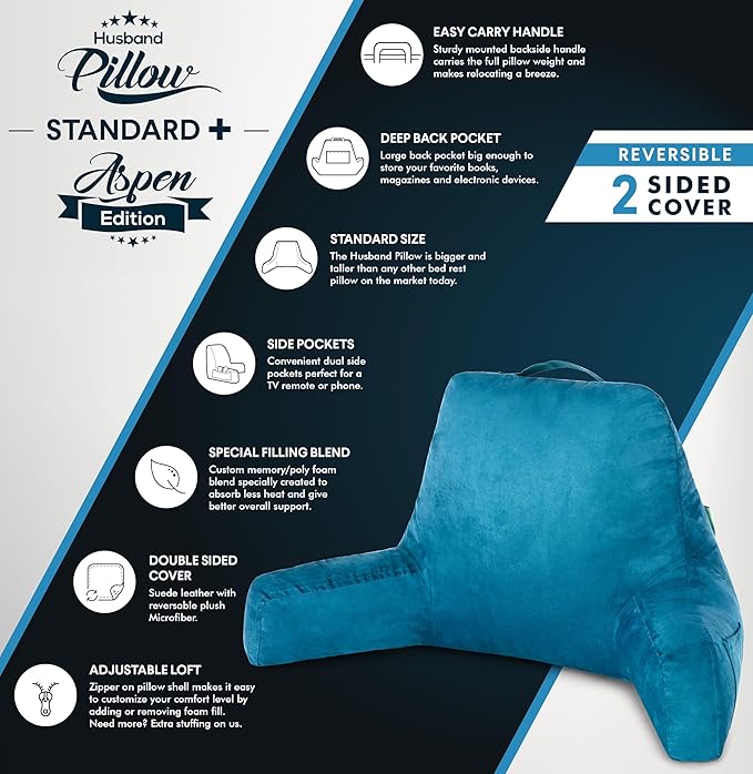 Husband Pillow Aspen Rodeo Blue, Reading Pillow Bed Rest Chair, Two-Sided Reversible Fabric, Large Lounge Cushion Adult Backrest with Arms, Comfy Back Support for Sit Sitting Up, Wash/Remove Cover