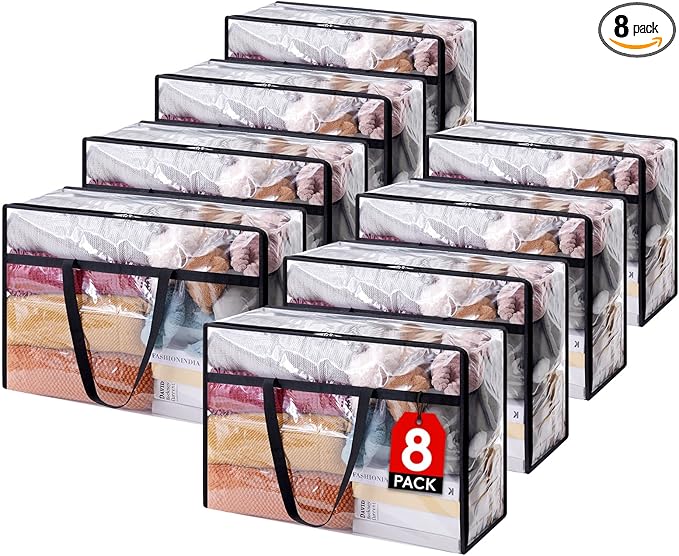 Lifewit 8 Pack Clear Clothes Storage Bags, 60L Plastic Blanket Storage Bag, Vinyl Foldable Moving Bags with Zipper, Closet Organizers and Storage Containers for Bedding, Duvet, Comforter