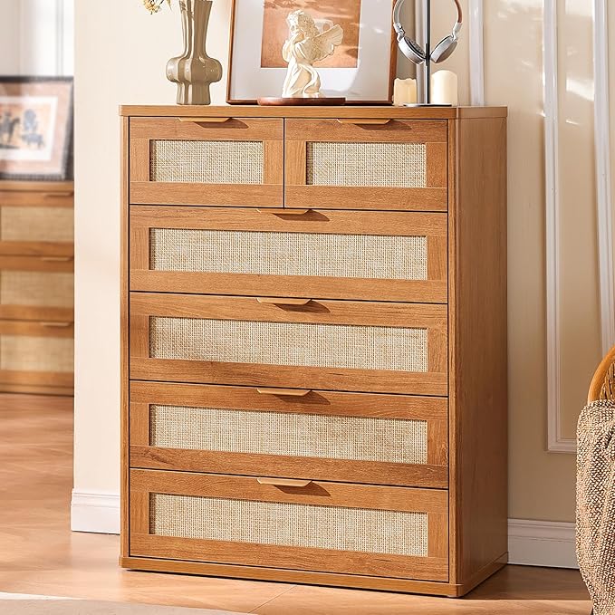 LEYAOYAO Rattan Dresser for Bedroom, 41" Tall Chest of Drawers, Modern 6 Drawers Boho Dressers with Storage, Vintage Brown Dresser Wooden Closet Organizer for Living Room, Hallway