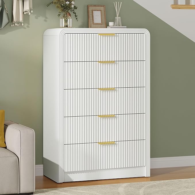 Fluted 5 Drawers Dresser, 48" Tall Modern Chest of Drawers with Round Edge & Metal Handle, Wood Drawer Organizer for Living Room, Bedroom, Entryway, Hallway (White)