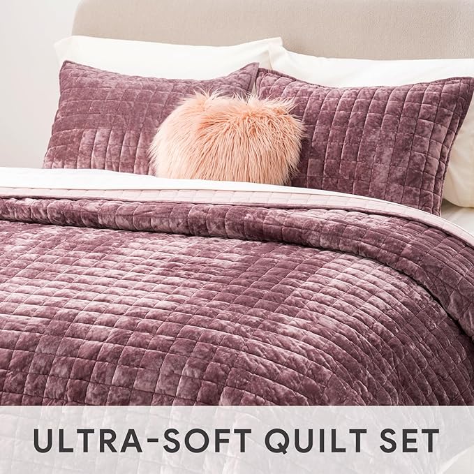 RECYCO Luxury Velvet Quilt Set Twin/Twin XL Size, Lightweight Velvet Comforter Set, Oversized Bedspread Coverlet Quilted Bedding Set, with 1 Matching Pillow Sham, for All Season, Dusty Mauve Pink