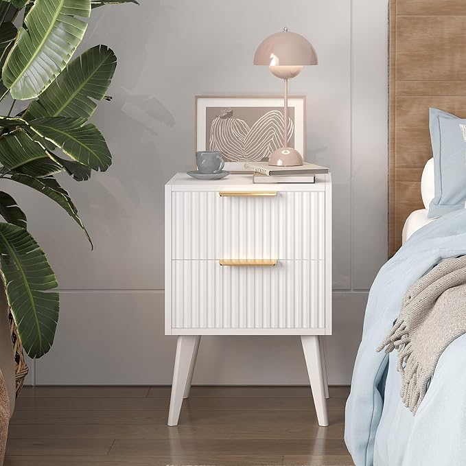 YAUKOMEL Fluted Nightstand with 2 Drawers,Modern Bedside Table with Metal Handles,Side Table with Solid Wood Legs,End Table for Living Room,Bedroom,Small Spcae 11.8" D x 16" W x 22.4" H White CTG55W