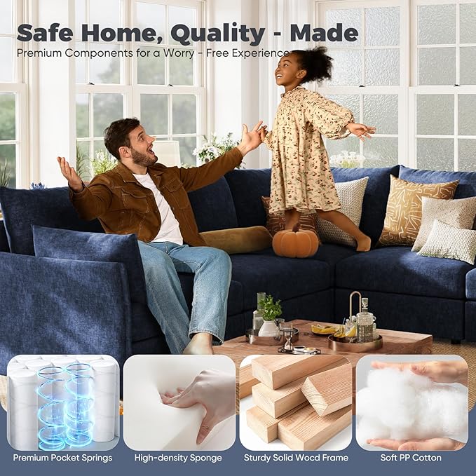 ABCASA 134.6" Oversized Modular Sectional Sofa, 6 Seater U Shaped Couch with Storage Ottoman with Reversible Chaise Deep Seat for Living Room, Apartment - Chenille Blue